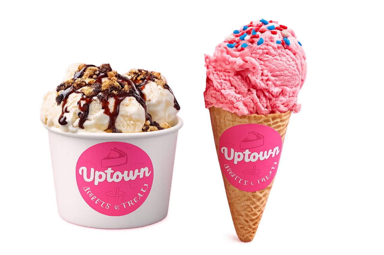Ice cream cup and cone with Uptown branding